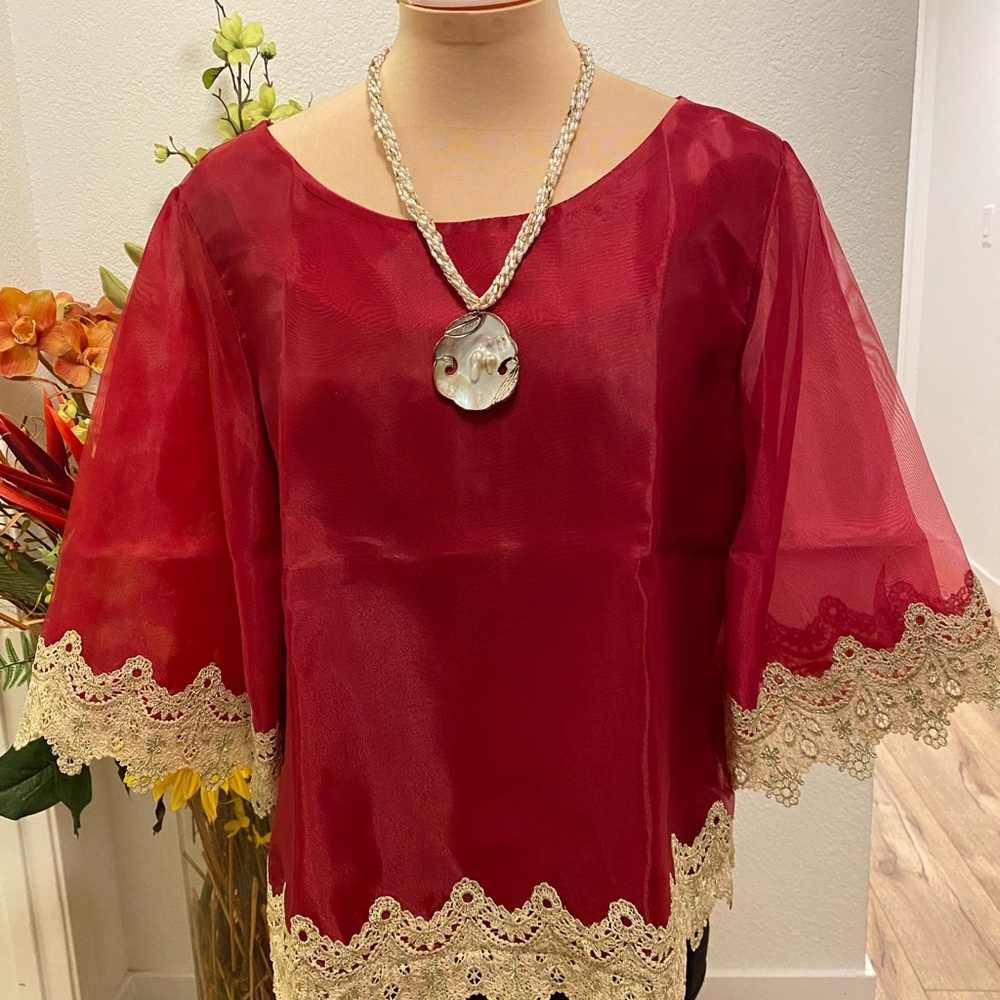 Modern Filipiniana Traditional Kimono Chic Lace-Trimmed Red Blouse